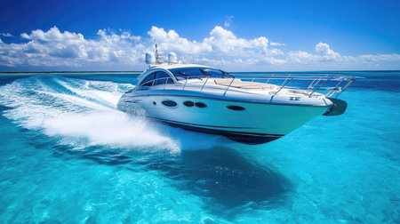 A motorboat racing through a crystal-clear blue sea, creating splashes and white trails in its wakeの素材