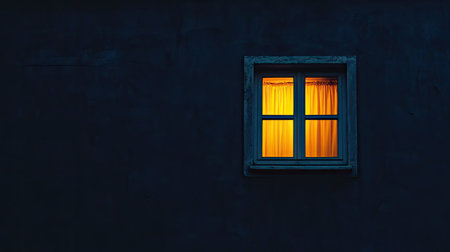 A solitary window radiates a warm yellow glow against a contrasting dark wall, creating an inviting atmosphere that evokes feelings of comfort and mystery at night.の素材
