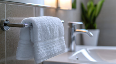 A fresh white towel hangs elegantly in a modern bathroom, complemented by sleek fixtures and a green plant, creating a serene and inviting atmosphere.の素材