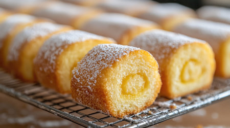 Freshly baked sponge cake rolls cooling on a wire rack, with a light dusting of powdered sugar.の素材