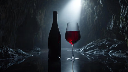 A bottle of red wine and a glass with rich red liquid, placed on a reflective black surface under dramatic lightingの素材