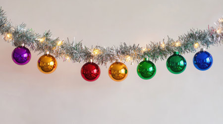 Ornament balls in rainbow colors hanging from a decorative garland with tinsel and fairy lights.の素材