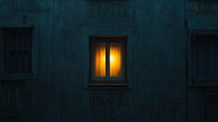 A captivating scene of a single window alight with a warm orange glow amidst the dark, shadowy exterior of a weathered building, evoking a sense of mystery and solitude.の素材