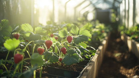 Rows of strawberry plants in raised beds inside a greenhouse, with sunlight filtering through.の素材