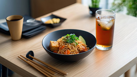 A minimalist table setup with tom yum kung noodles as the centerpiece, paired with a glass of iced tea.の素材