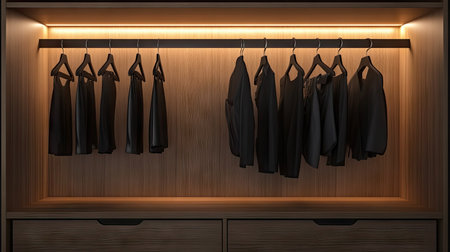 A modern wardrobe with black hangers hanging neatly in an empty section, illuminated by LED lighting.の素材