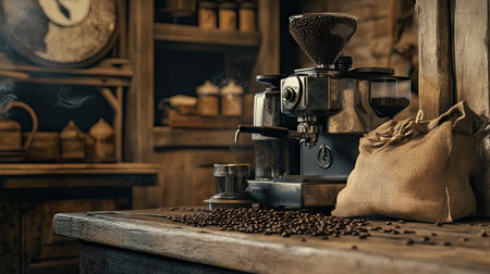 A rustic kitchen setting with coffee drip equipment, a grinder, and a burlap sack of coffee beans.の素材
