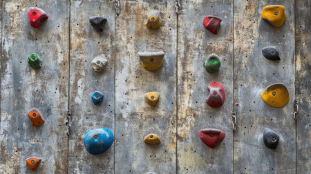 A modern gym climbing wall featuring detailed handholds and a variety of routes.の素材