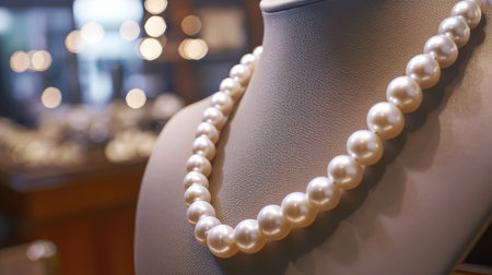 A necklace made of large, round freshwater pearls displayed on a mannequin in a jewelry shop.の素材