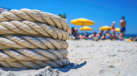 A polyethylene rope roll on a sandy beach, with beachgoers and umbrellas in the background.の素材