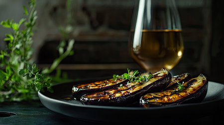 A moody, dimly lit food photo of grilled eggplant brushed with sweet miso sauce, served with a glass of sake and minimalist decorの素材