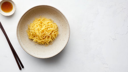 A minimalist setting with yellow noodles in a bowl, chopsticks resting on the edge, and a small dish of sauce nearby.の素材