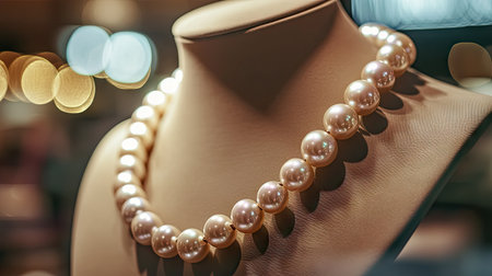 A necklace made of large, round freshwater pearls displayed on a mannequin in a jewelry shop.の素材