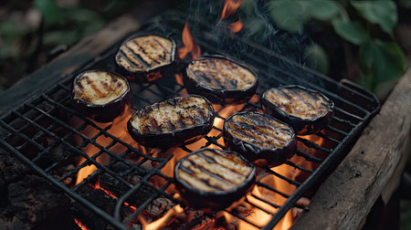 A rustic outdoor grill setup with eggplant slices cooking, basted in sweet miso sauce, and flames flickering underneathの素材