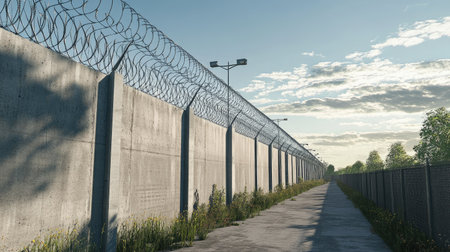 A modern industrial area bordered by a tall prefab concrete wall with barbed wire on top.の素材