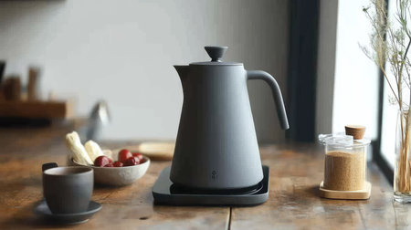 A minimalist kitchen featuring a matte gray kettle on an induction stove, with a neat arrangement of ingredients.の素材