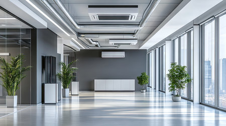 A modern office building with energy-efficient air conditioners spaced out evenly across the walls.の素材
