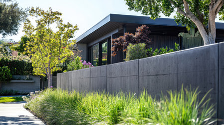A prefab concrete wall fence with a dark gray finish, providing privacy to a stylish urban property.の素材