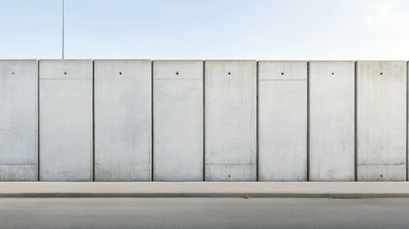 A prefabricated concrete wall with reinforced sections, serving as a sturdy barrier along a busy road.の素材