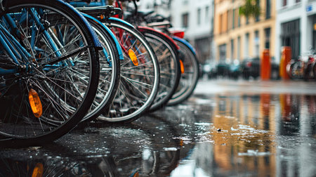 A rain-soaked bicycle parking area with water droplets on the bicycles and reflections on the ground.の素材