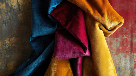 A range of velour fabrics in bold and rich tones, showcasing their plush texture in an artistic arrangement.の素材