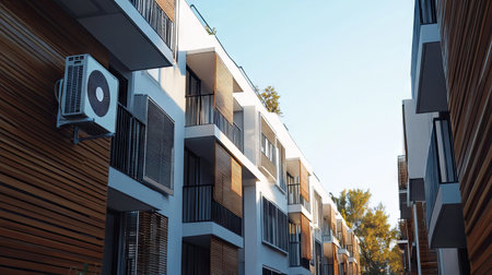 A new urban apartment complex with small, quiet air conditioning systems mounted discreetly on the walls.の素材