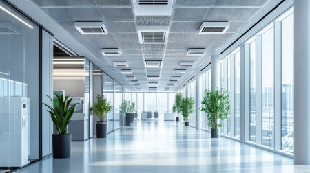 A modern office building with energy-efficient air conditioners spaced out evenly across the walls.の素材
