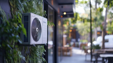 A modern retail store exterior with a compact air conditioning unit installed on the side wall.の素材