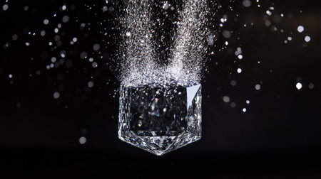 A perfectly cut diamond suspended in mid-air with silver diamond dust forming radiant beams of light.の素材