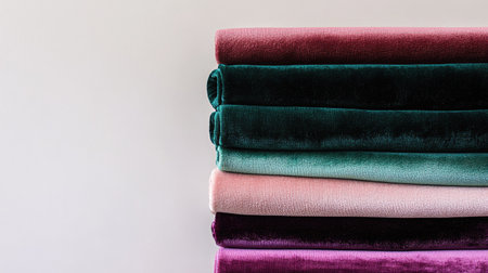 A neatly stacked collection of velour textile samples in a variety of shades, from dark emerald to light pink.の素材