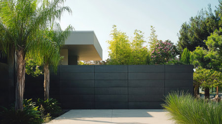 A prefab concrete wall fence with a dark gray finish, providing privacy to a stylish urban property.の素材