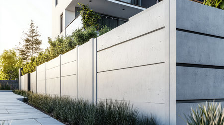 A modern fence constructed from prefabricated concrete panels, featuring a smooth surface and clean lines.の素材