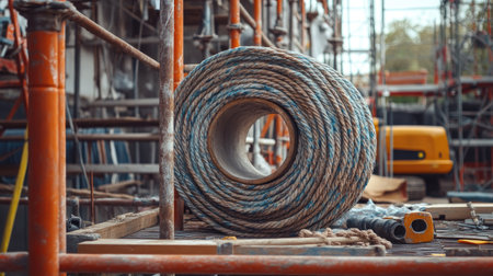 A polyethylene rope roll on a construction scaffold, with tools and equipment scattered around.の素材
