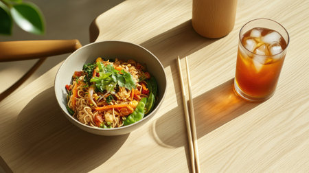 A minimalist table setup with tom yum kung noodles as the centerpiece, paired with a glass of iced tea.の素材
