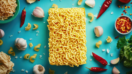 A package of yellow instant noodles spilling onto a countertop, surrounded by vibrant ingredients like chilies and garlic.の素材