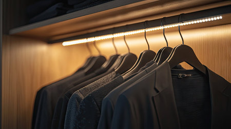 A modern wardrobe with black hangers hanging neatly in an empty section, illuminated by LED lighting.の素材