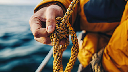 A professional tying a knot with a polyethylene rope pulled from a nearby roll, showcasing its strength and flexibility.の素材