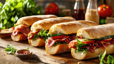 A rustic kitchen scene with freshly made sandwiches featuring bacon, salami, prosciutto, fresh vegetables, and condiments spread across a table.の素材