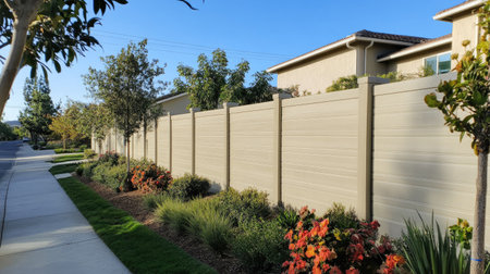 A prefab concrete fence with a light gray finish, installed along a quiet suburban cul-de-sac.の素材
