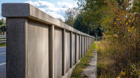 A prefabricated concrete wall with reinforced sections, serving as a sturdy barrier along a busy road.の素材