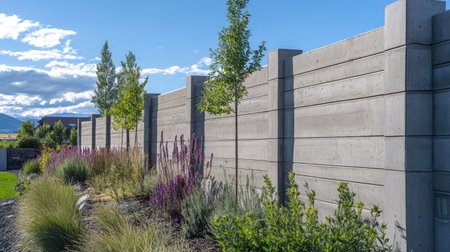 A prefabricated concrete fence with alternating smooth and textured panels, complementing a modern architectural design.の素材
