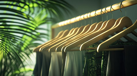 A row of matching bamboo hangers in an eco-friendly wardrobe setup with natural lighting.の素材