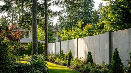 A residential yard enclosed by a prefab concrete wall fence, accentuated by tall, lush trees.の素材