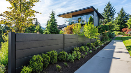 A prefab concrete wall fence with a dark gray finish, providing privacy to a stylish urban property.の素材
