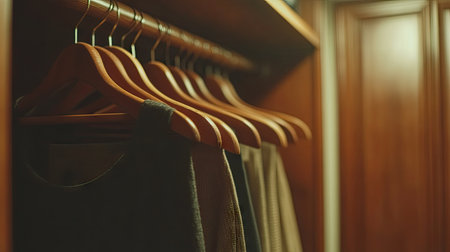 A row of sturdy wooden hangers in a closet, framed by a soft focus on the wardrobe interior.の素材