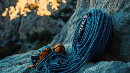 A roll of polyethylene rope next to outdoor climbing gear, set on a rock face or mountain trail.の素材