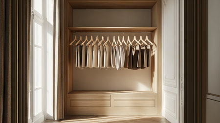 A row of empty wooden hangers neatly arranged in a sleek wardrobe with neutral tones.の素材