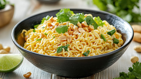 A plated dish of yellow instant noodles garnished with roasted peanuts, cilantro, and lime wedges.の素材