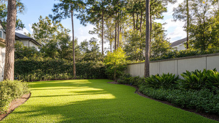 A residential yard enclosed by a prefab concrete wall fence, accentuated by tall, lush trees.の素材