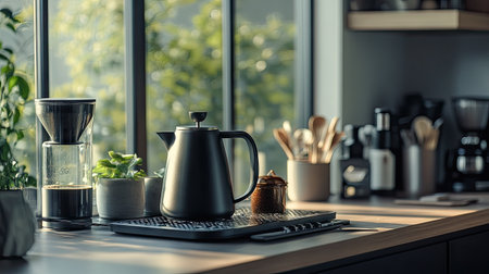A modern gooseneck kettle on an electric stovetop, with a barista-style coffee setup nearby.の素材